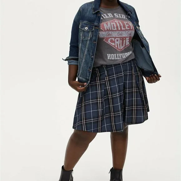 Torrid Navy Plaid Twill Pleated Mini Skirt Stretch Grunge Plus Size 2 2X H12881 - Picture 10 of 11